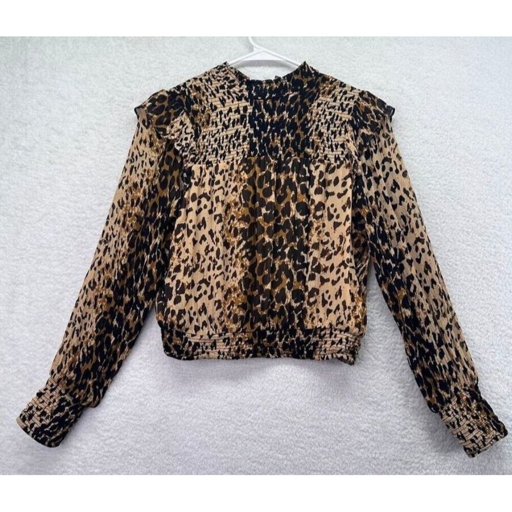 Free People Shirt Womens Extra Small Balloon‎ Sleeve Leopard Print Smocked Flaws